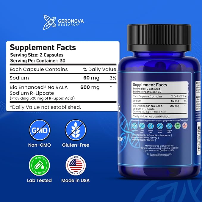 Geronova Research Bio-Enhanced R-Lipoic Acid, 600 mg Dose - 1 Month Supply - Stabilized R Alpha Lipoic Acid with Enhanced Absorption - R Lipoic Acid Supplement - 60 Capsules