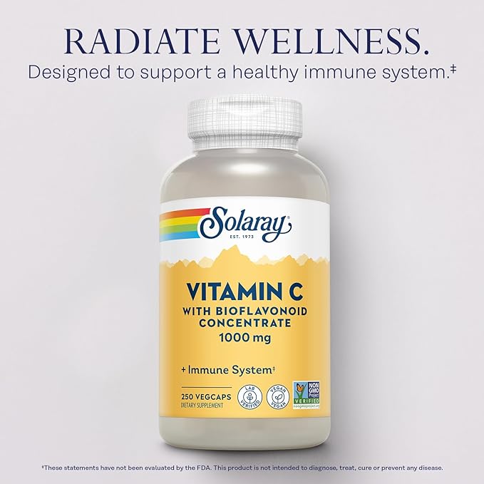 SOLARAY Vitamin C 1000mg with Bioflavonoids Concentrate - Vitamin C Capsules with Rose HIPS and Acerola Cherry - Antioxidant, Heart Health and Immune Support Supplement, Vegan, Non-GMO, 250 Servings