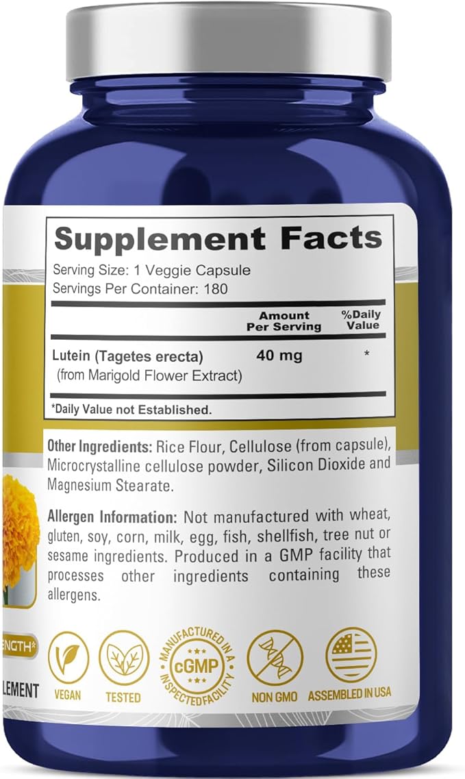 NusasPure Lutein - Suitable for Vegetarian/Vegan, Non - GMO - 40 mg - 180 Capsules