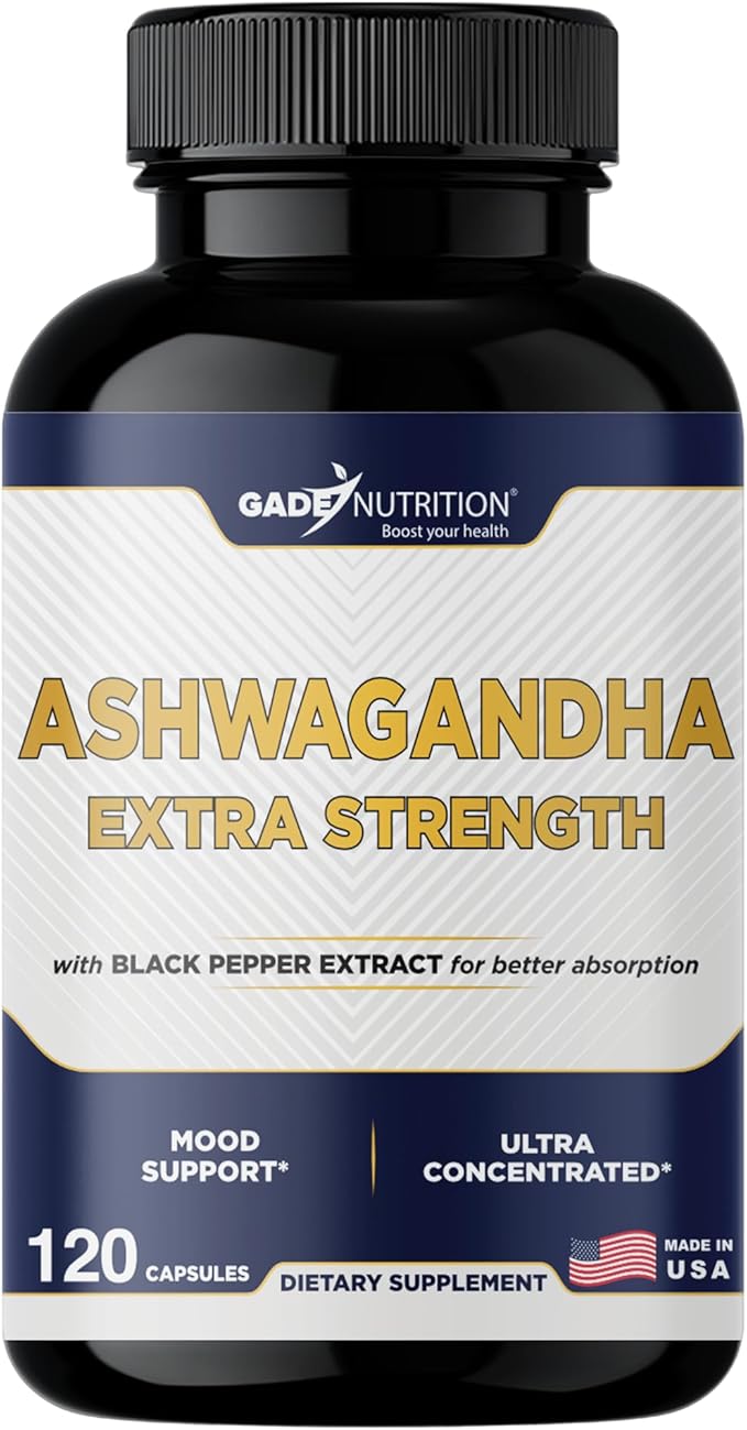 Gade Nutrition Ashwagandha Supplements - Extra Strength, ashwagandha Powder Capsules with Black Pepper, Natural Mood, Focus, and Energy Support Supplement, 120 Veggie Capsules, USA Made