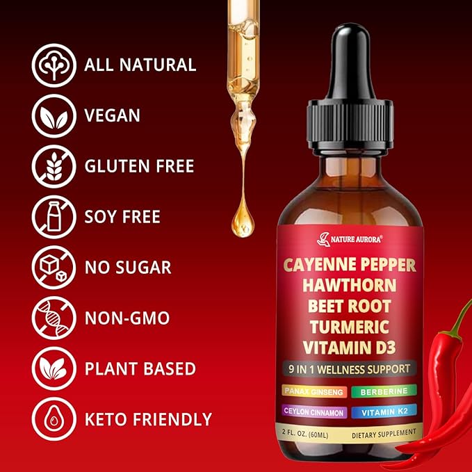 Cayenne Pepper Liquid Drops, 2pcs Cayenne Pepper Extract Drops Supplement Liquid with Hawthorn Berry, Ceylon Cinnamon and 5 More Herbals - Immune Support, Circulation & Overall Wellness