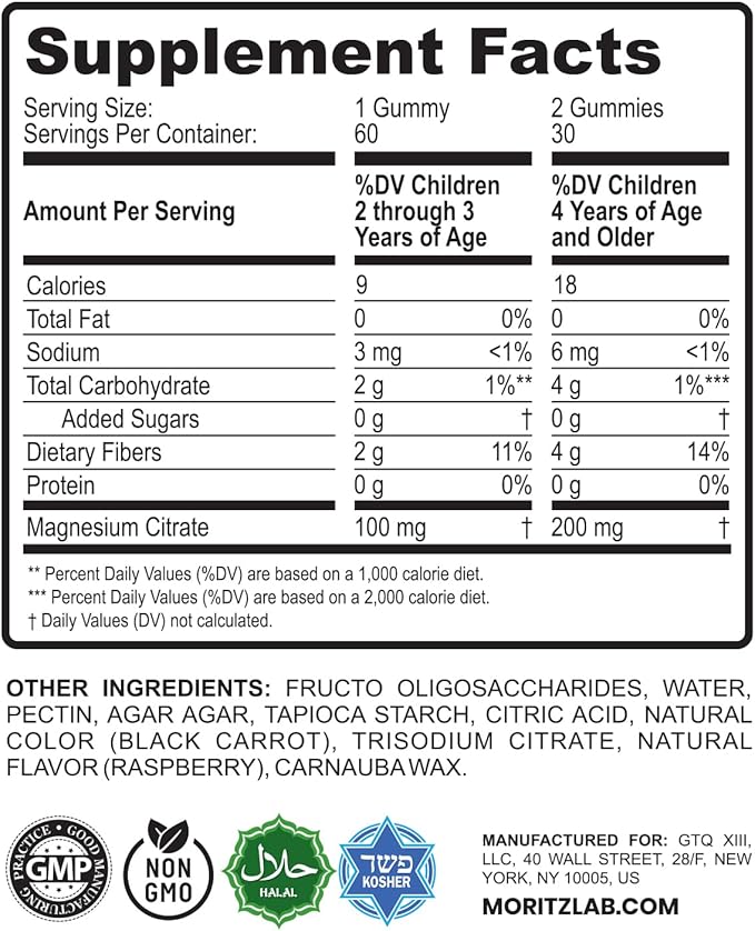 DR. MORITZ Sugar-Free Calm Magnesium Gummies for Kids and Adults - Non-GMO Magnesium Citrate Gummies - Raspberry Flavor - 1-Pack (60 Count)