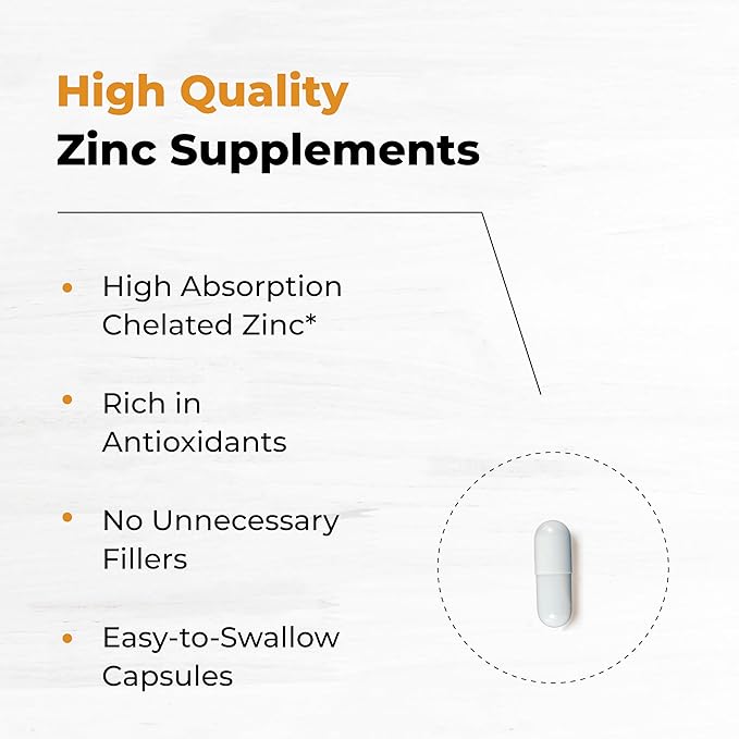 Zinc 50mg Capsules for Men and Women, 60 Count | Highly Absorbable Zinc Supplements for Immune System Support | Zink 50 mg Mono Methionine Chelated Complex | Helps with Skin Health & Overall Immunity