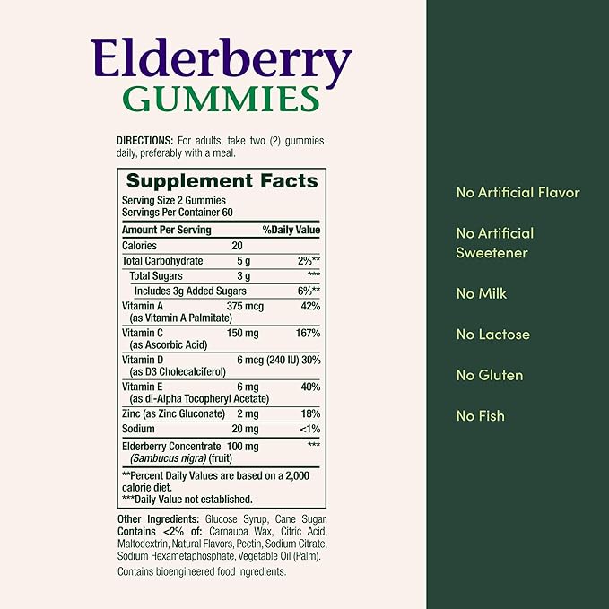 Nature's Bounty Elderberry Gummies, Dietary Supplement, Supports Immune Health, Contains Vitamin A, C, D, E and Zinc, 100 mg, 120 Gummies