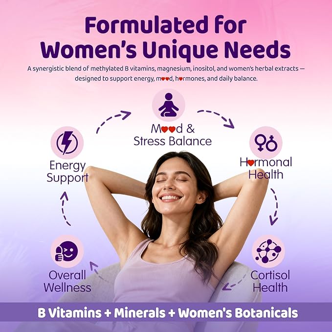 duwhot Women Methylated B-Complex Liquid Drops, Active B Vitamins B1 B2 B6 B9 (5-MTHF) & B12 1000 mcg, Vitamin C, Magnesium, Inositol, Choline & Herbal Blend for Energy, Stress Support, 2 Fl Oz