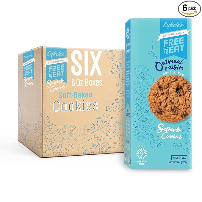 Cybele’s Free To Eat Gluten-Free & Vegan Cookies | Oatmeal Raisin | Plant-Based, Dairy & Soy Free, Nut Free | Soft-Baked School Safe Snack For Kids & Adults | 6 Ounce (Pack of 6)