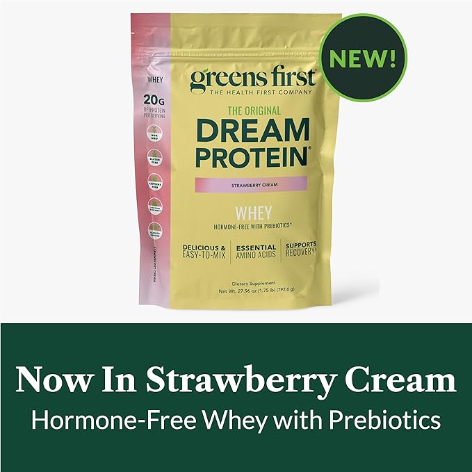 Greens First Dream Protein Powder Whey - 20g Protein per Serving - Hormone-Free with Prebiotics - Non-GMO - No Artificial Sweeteners/MSG/Aspartame - Strawberry Cream - 27.96 oz