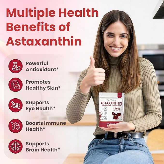Astaxanthin 12mg, Premium Astaxanthin Antioxidant Supplements, Supports Eye, Skin, Immune, Internal Circulation, Fresh Microalgae Source, Triple Strength, Non-GMO, 4 Month Supply, 120 Softgels