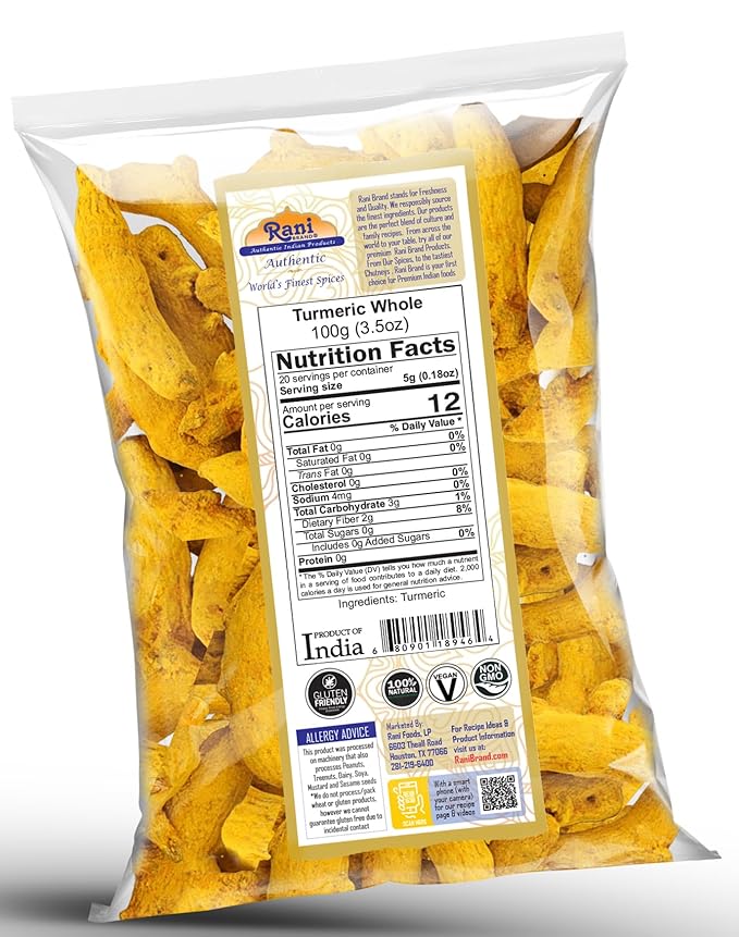 Rani Turmeric (Haldi) Root Whole Spice, Dried 3.5oz (100g) ~ All Natural | 100% Pure | Vegan | Gluten Friendly | NON-GMO | Kosher | Indian Origin