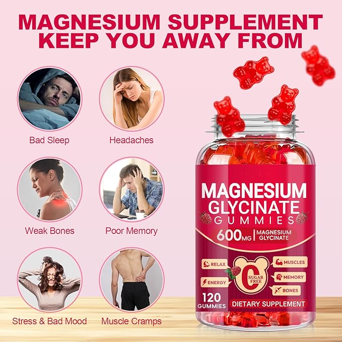 Magnesium Glycinate Gummies 600mg, Sugar Free Magnesium Gummies for Adults, Chewable Potassium Supplements for Sleep, Body Support and Relaxation, 2 Pack