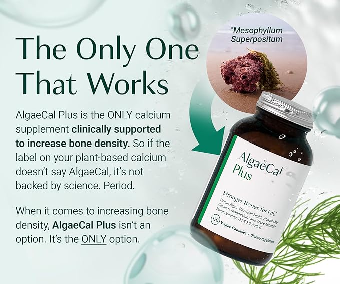 ALGAECAL Organic Red Algae Calcium Supplement for Bone Density, Vitamin K2 MK7 (100mg), Vitamin D3 (1600 IU), Magnesium (350mg) & Trace Minerals & Strength, Easy to Swallow, 120 Veggie Caps
