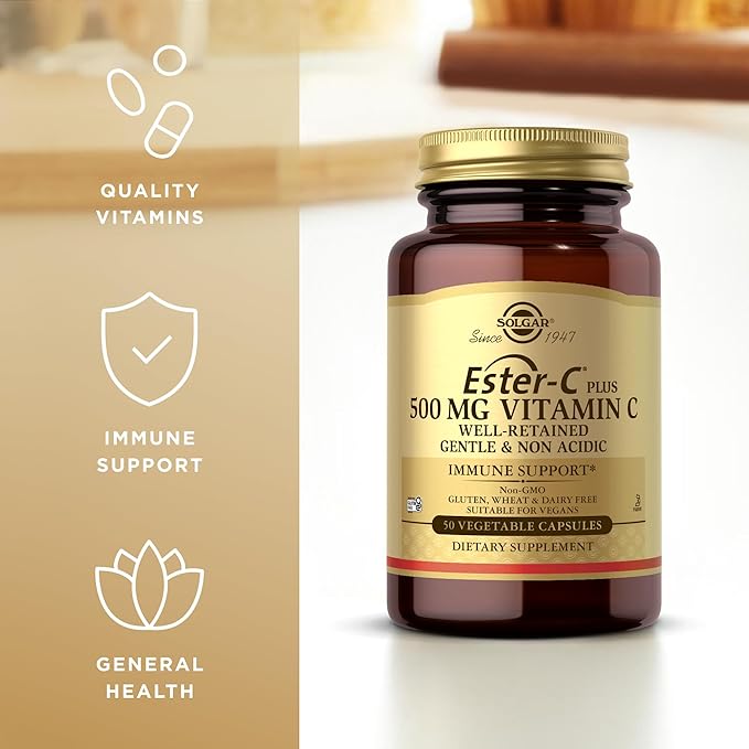 Solgar Ester-C Plus 500 mg Vitamin C (Ascorbate Complex) - 50 Vegetable Capsules - Gentle & Non Acidic - Antioxidant & Immune Support - Non GMO, Vegan, Gluten Free, Kosher - 50 Servings