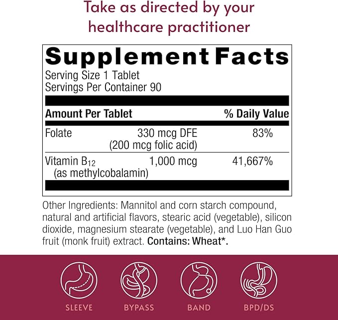 Bariatric Advantage SpeedyMelts B12 1000 mcg - Fast Melting with 200 mcg of Folic Acid for Nutritional Support* - Peppermint - 90 Count