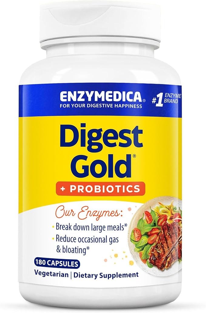 Enzymedica Digest Gold + Probiotics, 2-in-1 Digestive Enzymes & Probiotic Support, Promotes Gut Health with 1 Billion Active Cultures, 180 Capsules
