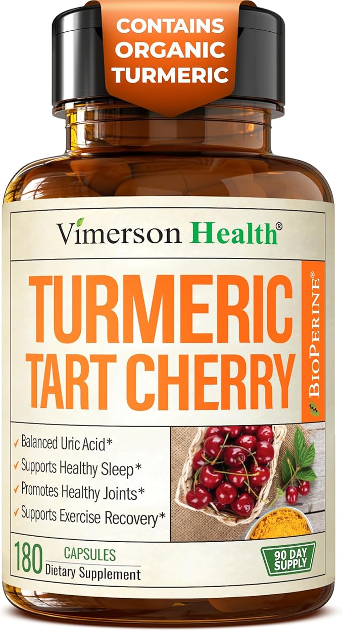 Tart Cherry Capsules – Turmeric Curcumin Supplement with Tart Cherry Extract & Celery Seed Extract – Turmeric Curcumin with Black Pepper for Uric Acid Balance, Joint Health & Sleep Aid - 180 Count