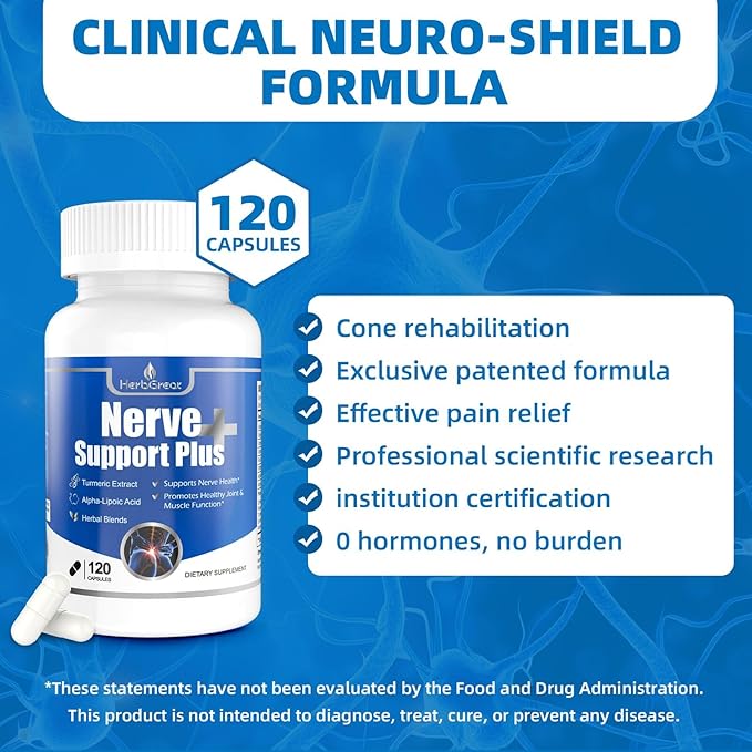 Nerve Support Plus, Nerve Supplement Alpha-Lipoic, AcidTurmeric Extract, B12, Vitamins and Herbal Blend for Fortify Nerve Health, 120 Capsules