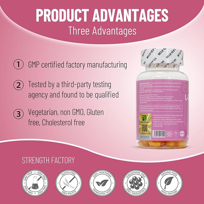 L-Glutathione 13 in 1 Gummies 1200mg, Reduce Wrinkles, Anti-Aging Support, Immunity Booster, Vegan, Non-GMO, 60 Count