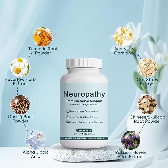 NerveBright Neuropathy Support Nerve Supplement, Fortify Nerves in Fingers, Hands, Toes, & Feet, with 600 mg Pure Alpha Lipoic Acid Vitamins C D3 E B6 B12, Support Overall Nerve Health, 120 Capsules