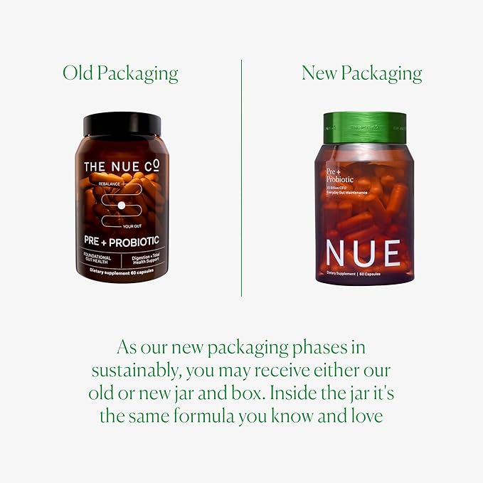 The Nue Co. Pre + Probiotic Supplement - Synbiotic & Spore Based Formula for Daily Gut Balance - Vegan & Gluten Free Immune Supplement - Supports Digestive Wellness, Immunity & Skin | 60 Capsules