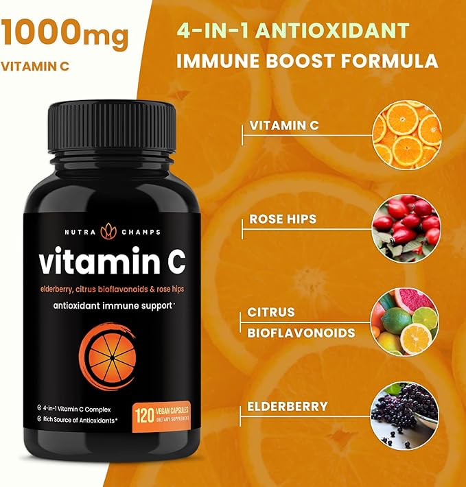NutraChamps (2 Pack) Vitamin C 1000mg with Elderberry, Citrus Bioflavonoids & Rose Hips - 120 Capsules Vegan, Non-GMO Antioxidant Supplement for Immune Health & Collagen Production 500mg Powder Pills