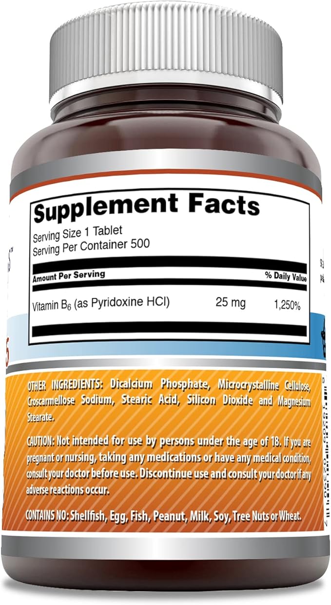 Amazing Formulas Vitamin B6 (Pyridoxine) 25 Mg Supplement | Tablets | Non-GMO | Gluten-Free | Made in USA (1 Pack | 500 Count)