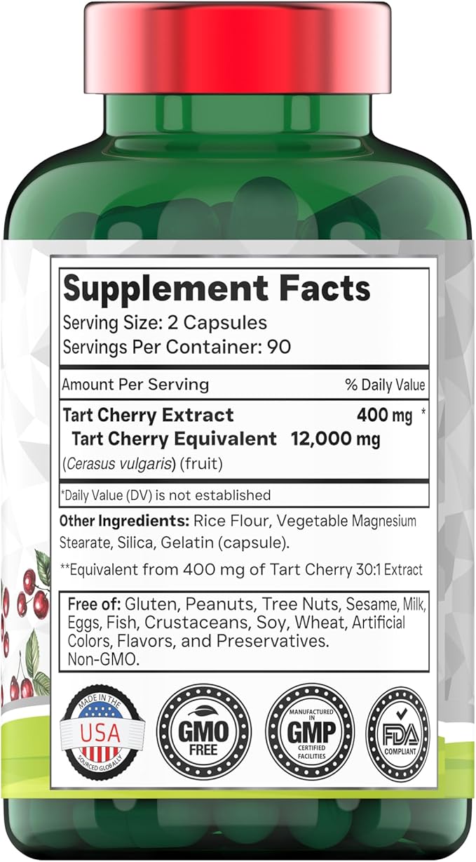 tnvitamins Tart Cherry Capsules 12,000 mg Per Serving - 180 Count | Ultra-Potent Tart Cherry Extract Capsules | Joint, Sleep, & Recovery Support* | High in Antioxidants | Non-GMO | Made in the USA!
