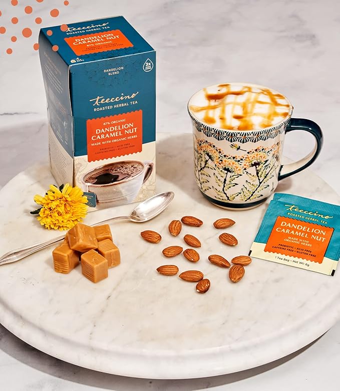 Teeccino Dandelion Caramel Nut Tea - 10 Tea Bags - Caffeine Free, Roasted Herbal Tea with Prebiotics, 3x More Herbs than Regular Tea Bags, Gluten Free