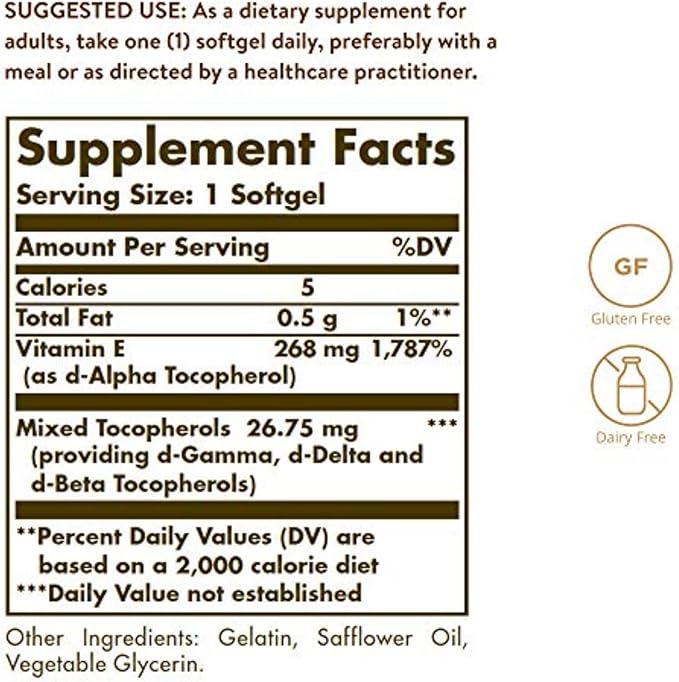 Solgar Vitamin E 268 MG (400 IU) (d-Alpha Tocopherol&Mixed Tocopherols),100 Softgels-Supports Immune System&Skin Nutrition-Natural Antioxidant-Gluten Free,Dairy Free-100 Servings,(Pack of 2)