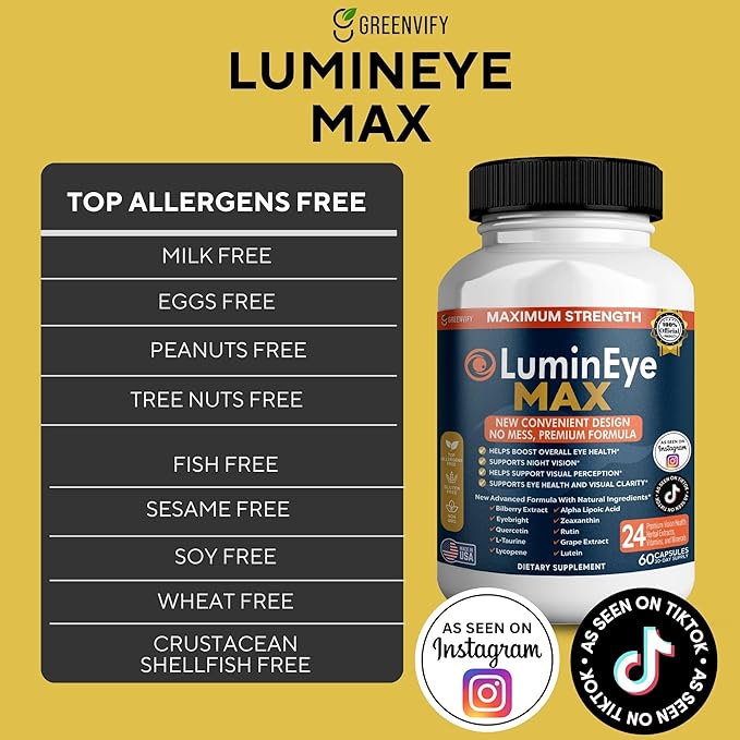 LuminEye MAX Eye Health Supplement, 60 Veggie Capsules, with Lutein, Bilberry Extract, 24 Premium Ingredients, Maximum Strength Vision Support (1)
