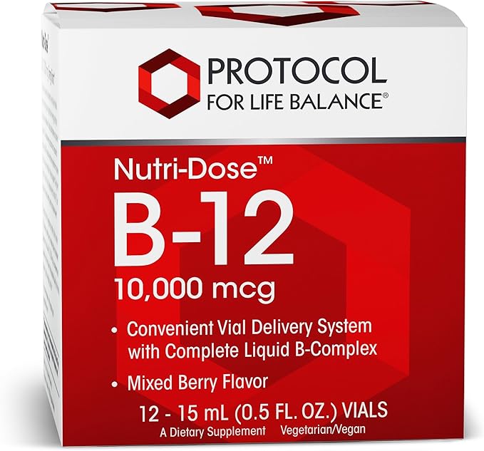 PROTOCOL FOR LIFE BALANCE Nutri-Dose B-12 10,000mcg - Liquid Vitamin B-12 - for Energy, Nerve Health & Metabolism Support* - with Folate & Biotin - Convenient Vials - High Potency B-12-12