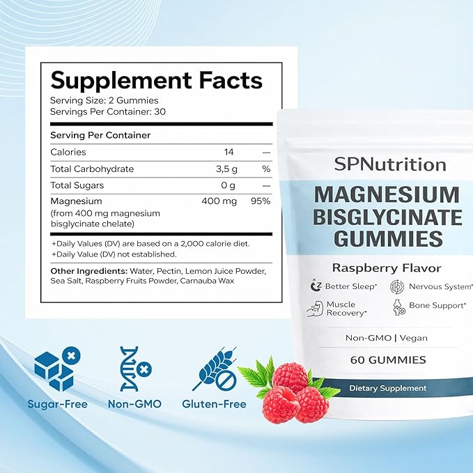 Spnutrition Magnesium Bisglycinate Gummies – Chelated Magnesium Supplement, Promotes Muscle & Nerve Function, Relaxation & Everyday Wellness – 60 Raspberry Gummies (1)