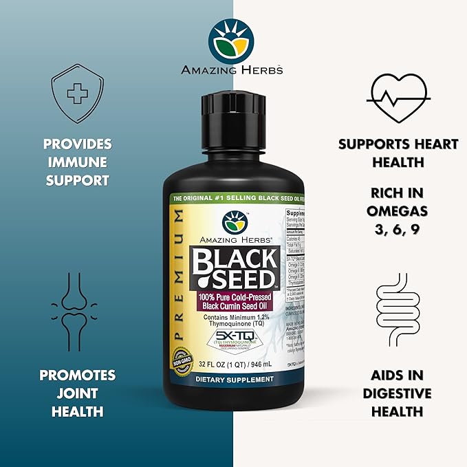 Amazing Herbs Premium Black Seed Oil - Cold Pressed Nigella Sativa Aids in Digestive Health, Immune Support, Brain Function, Joint Mobility, Gluten Free, Non GMO - 32 Fl Oz (Pack of 2)
