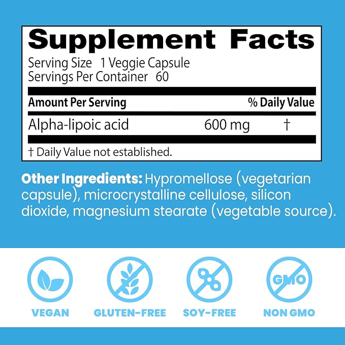 Doctor's Best Alpha Lipoic Acid Supplement 600mg - Alpha-Lipoic Acid Caps for Men & Women, ALA Antioxidant Support for Nerve Health, Aids in Cellular Function, Non GMO, Gluten Free - 60 Veg Capsules