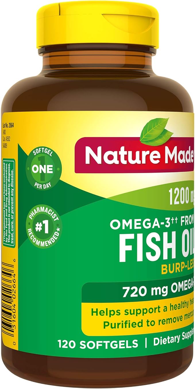 Burp-Less Fish Oil 1200 mg One Per Day, 120 Softgels, Fish Oil Omega 3 Supplement For Heart Health