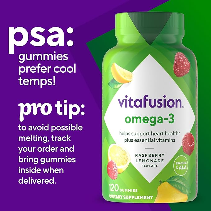 Vitafusion Omega-3 Gummy Vitamins, Berry Lemonade Flavored, Heart Health Vitamins(1) With Omega 3 EPA/DHA and Vitamins A, C, D and E, America’s Number 1 Vitamin Brand, 60 Day Supply, 120 Count