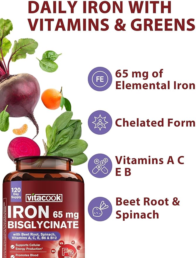 Iron Supplement for Women & Men, 65mg Ferrous Bisglycinate Chelate, Slow Release Iron with Vitamins A C E B6, B12, Folate, Organic Spinach & Beet Root Powder, for Blood Flow & Energy Support, 120 Caps
