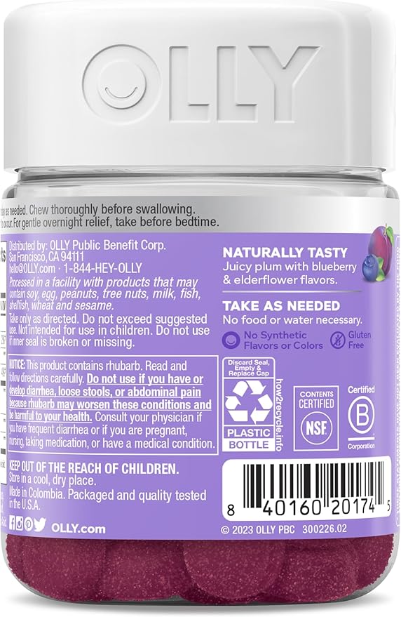 OLLY Keep it Movin' Gummy Supplement, Occasional Constipation Support,* Rhubarb, Prune, Amla Extracts - Plum Berry Flavored, 15 Day Supply - 30 Count