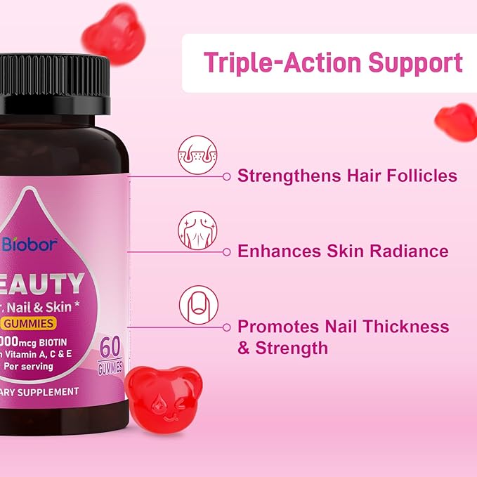 Biobor Natural 6000mcg Biotin Gummies No Sugar Added, Hair Skin and Nails Beauty Gummies with Vitamins A C E for Women Men, GMO Free, Gluten Free