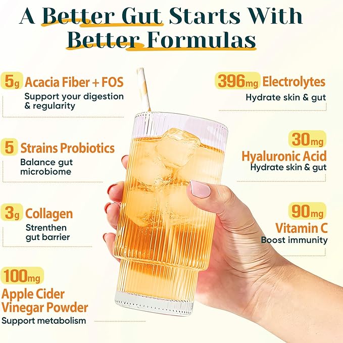 6-in-1 Daily Fiber Powder Supplement, Premium Acacia Fiber for Digestive & Gut Health, Sugar Free, GLP-1 Friendly Fiber Powder with Prebiotic, Probiotics, Collagen Peptides & Electrolytes - For Women