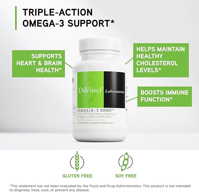 DAVINCI Labs Omega-3 1000 - Dietary Supplement to Maintain Already Normal Cholesterol Levels and Support Immune System, Healthy Hair and Skin* - Gluten-Free - 45 Enteric Coated Softgels
