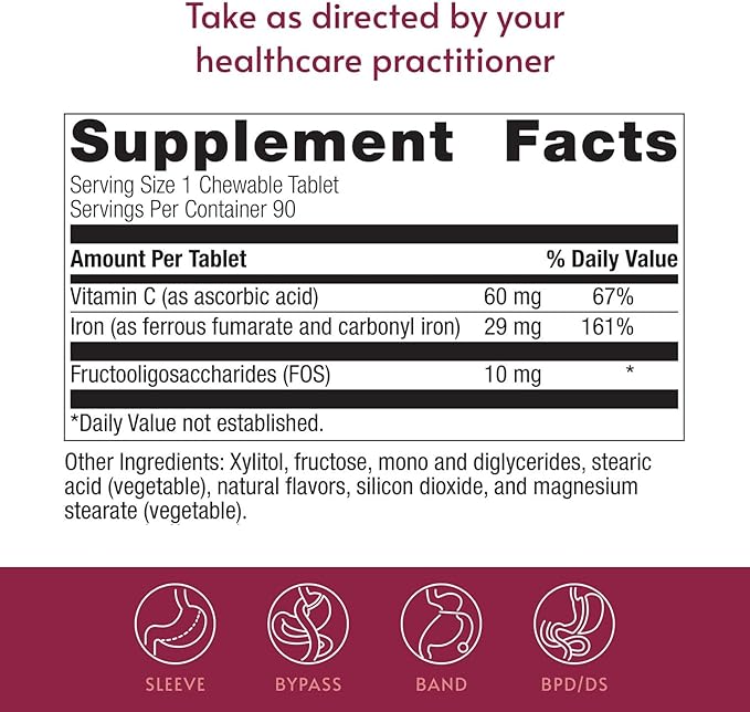 Bariatric Advantage Chewable Iron 29 mg - for Bariatric Surgery Patients - Iron with Vitamin C - No Iron Taste - Ferrous Fumarate & Carbonyl Iron Supplement - Passion Fruit - 90 Count