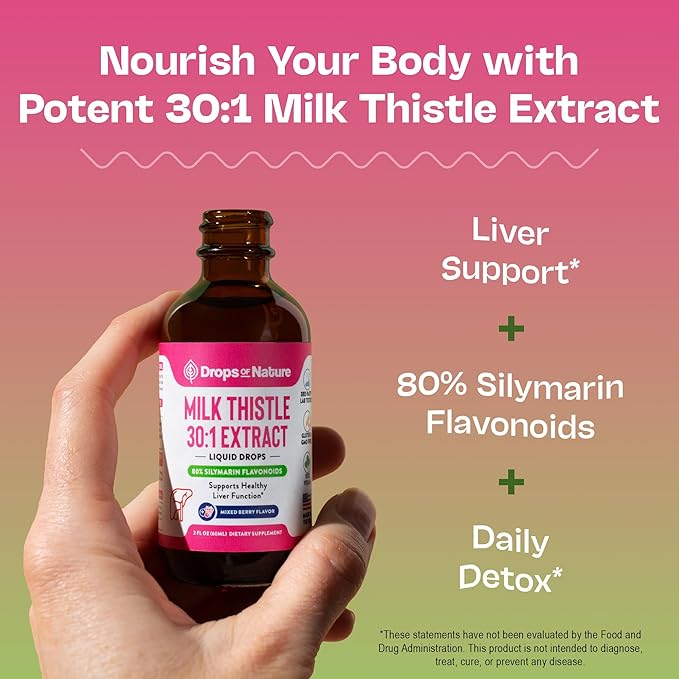 Milk Thistle Drops with 80% Silymarin Flavonoids – Vegan, Non-GMO, Fast-Absorbing – Easily Mix with Drinks – Milk Thistle Supplement for Liver, Immune Care and Antioxidant Support (Mixed Berry, 60 mL)