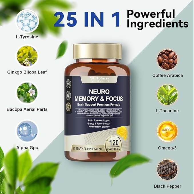 Totaria C-ognitive with Caffeine Pills, L-Tyrosine, Alpha GPC, Ginkgo Biloba, Bacopa Monnieri Brain Supplement for Memory and Focus, Brain Nootropic Support - Non-GMO, Gluten Free (2 Packs)