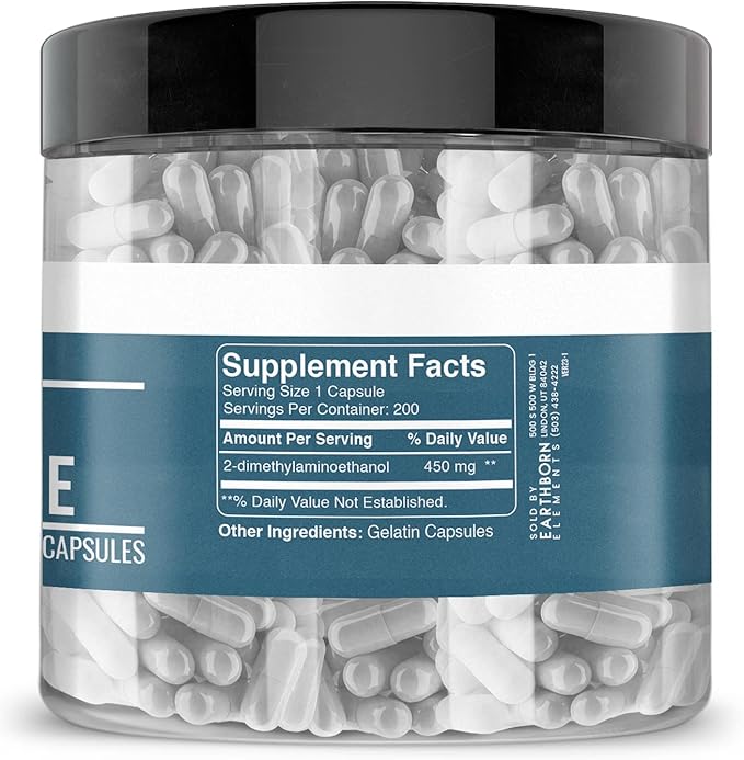 Earthborn Elements DMAE Bitartrate 200 Capsules, Pure & Undiluted, No Additives