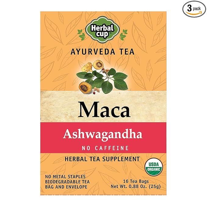 Herbal Cup Ayurveda Maca Tea, Organic Ashwagandha, No Caffeine Herbal Teas (16 Count, Pack of 3)