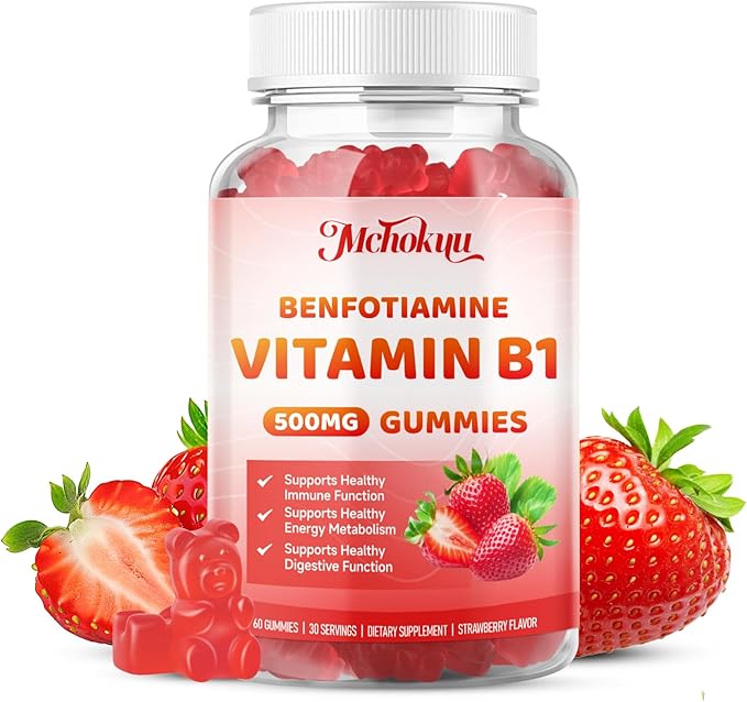 Vitamin B1 Gummies 500mg with Benfotiamine – Thiamine Supplement for Women & Men Supports Healthy Energy Metabolism & Immune, Sugar-Free | Vegan | Non-GMO, Natural Strawberry Flavor, 120 Count