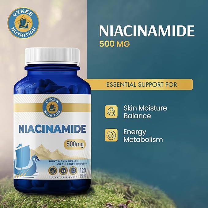 Vykee Nutrition Niacinamide Capsules - Vitamin B3 Supplement for Skin Wellness Cellular Energy and Metabolic Support - Vegan, Non-GMO Gluten Free - 500 mg 120 Count