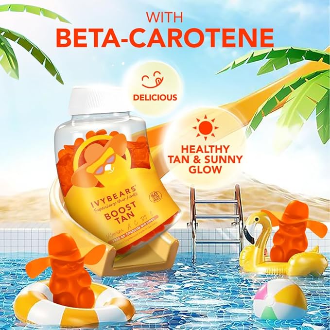 IvyBears Glow Tanning Gummies - Beta Carotene, Vitamin A, C, D2 & E - [AI Tanning Specialist ADA] Supports Healthy Tan & Glow - Vegan & Made in Germany - Pack of 60 - Boost Tan