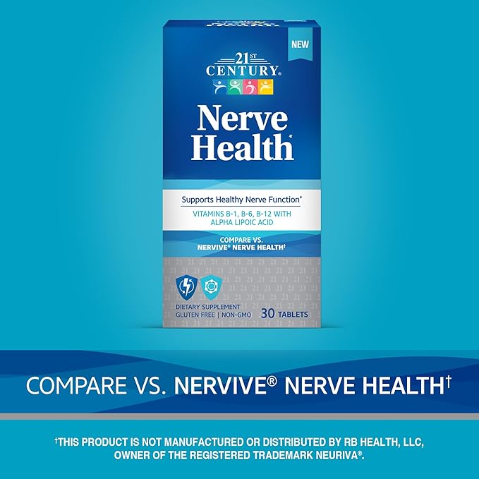 21st Century Nerve Health Tablets (30 Count), Alpha Lipoic Acid 300mg, B1, B6, & B12 Vitamins for Nerve Function Support, Antioxidant ALA Supplement, Gluten Free. Non-GMO, & Vegan