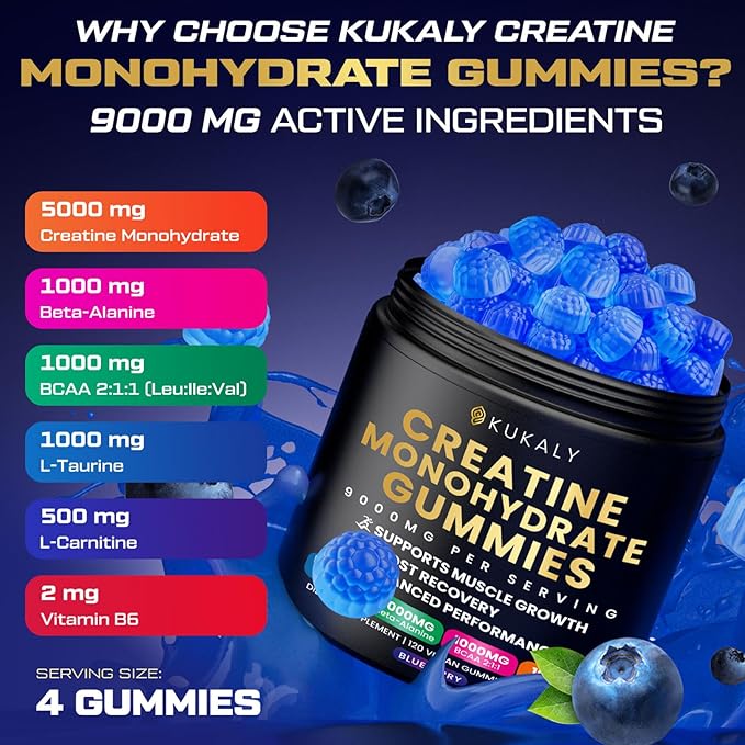 KUKALY Creatine Monohydrate Gummies for Men & Women, 9000MG Creatine Gummies Sugar Free with L-Taurine, BCAA 2:1, B12 B6 for Boost Strength, Focus & Endurance, Vegan, Non-GMO, Blueberry 120*2 Bottle